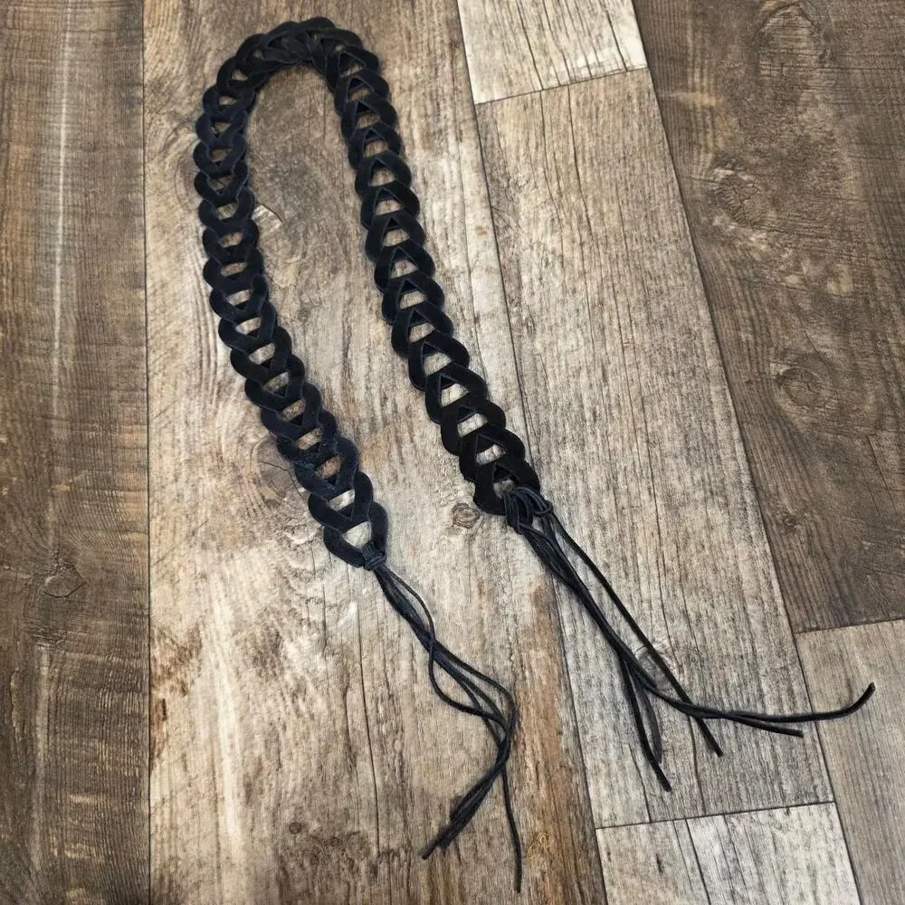 Vintage Braided Belt Waist Boho Western Fringe Festival Waist Belt Black Suede